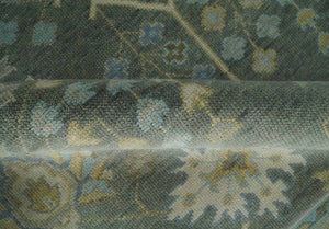 Antique Moss Charcoal Hand Knotted Olive and Beige Traditional Floral Vintage Wool Rug