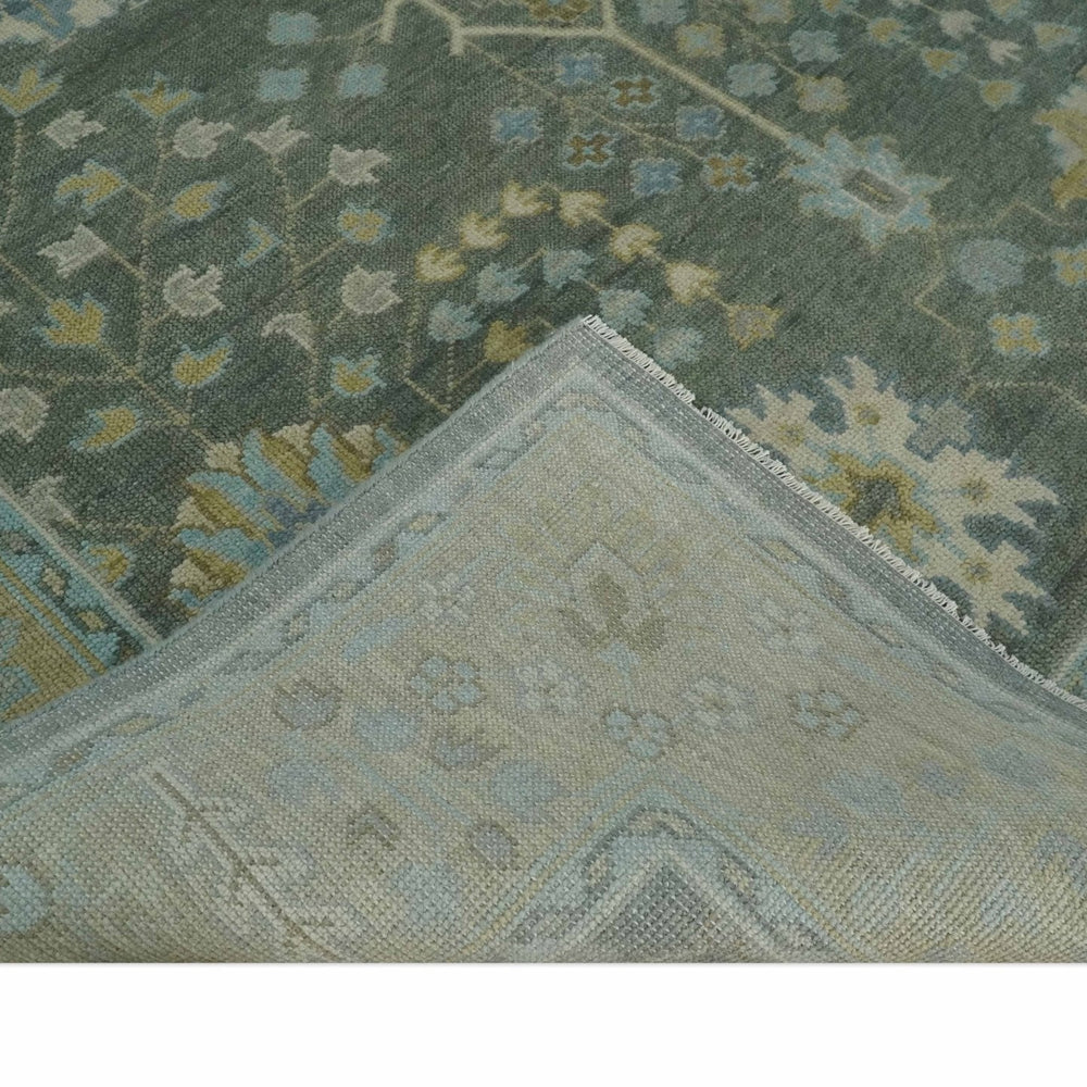Antique Moss Charcoal Hand Knotted Olive and Beige Traditional Floral Vintage Wool Rug