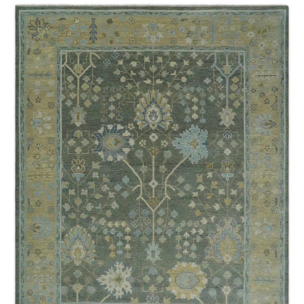 Antique Moss Charcoal Hand Knotted Olive and Beige Traditional Floral Vintage Wool Rug