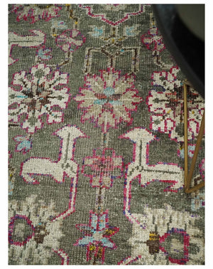 Antique Moss Green 5x8 Hand Knotted Beige and Pink Bamboo Silk Area Rug