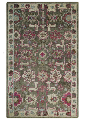 Antique Moss Green 5x8 Hand Knotted Beige and Pink Bamboo Silk Area Rug