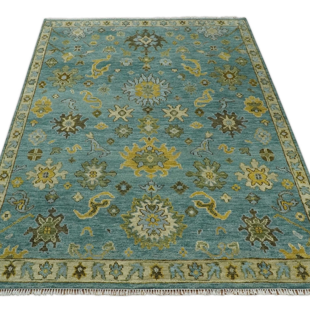 Antique Moss Green and Blue Wool Hand Knotted Traditional Oriental Oushak Wool Area Rug
