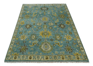 Antique Moss Green and Blue Wool Hand Knotted Traditional Oriental Oushak Wool Area Rug