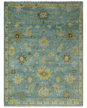 Antique Moss Green and Blue Wool Hand Knotted Traditional Oriental Oushak Wool Area Rug