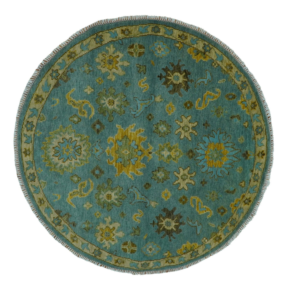Antique Moss Green and Blue Wool Hand Knotted Traditional Oriental Oushak Wool Area Rug