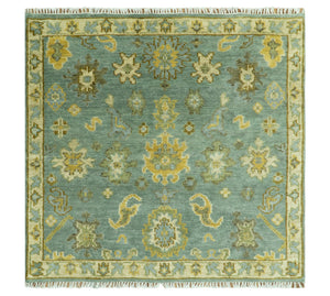 Antique Moss Green and Blue Wool Hand Knotted Traditional Oriental Oushak Wool Area Rug