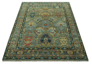 Antique Moss Green Silver and Teal Traditional Oushak Hand knotted Custom Made wool Area Rug