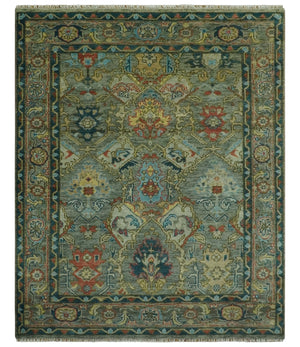 Antique Moss Green Silver and Teal Traditional Oushak Hand knotted Custom Made wool Area Rug
