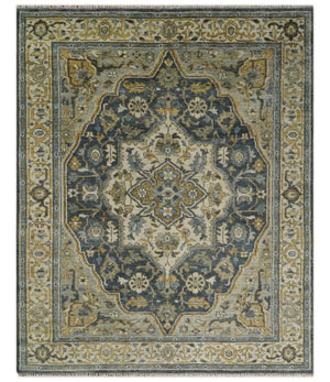 Antique Muted Traditional Heriz Blue ,Beige and Brown Hand knotted Custom made wool Area Rug