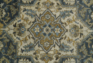 Antique Muted Traditional Heriz Blue ,Beige and Brown Hand knotted Custom made wool Area Rug
