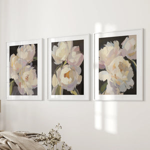 Moody Pink and White Peonies Art. Floral Set of 3 Prints