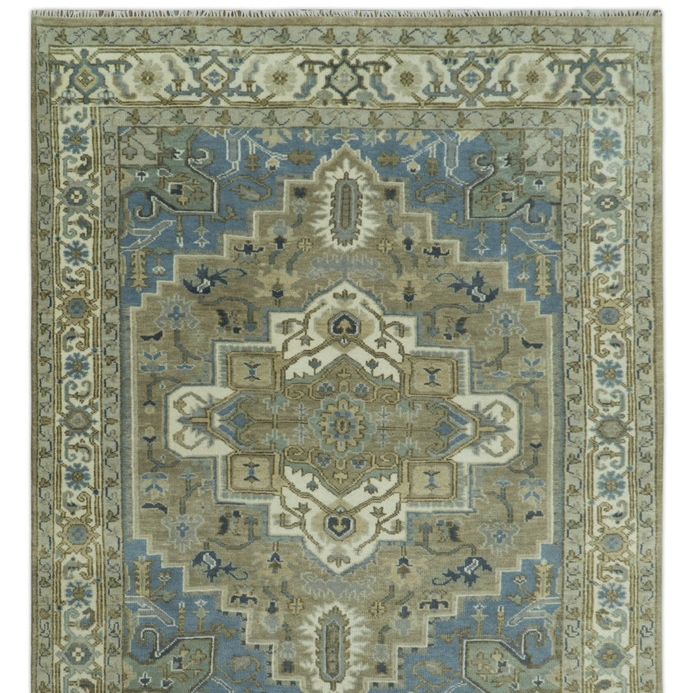 Antique Olive And Blue Traditional Heriz Multi Size Wool Area Rug