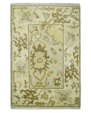 Antique Oushak 2x3 Beige and Brown Hand Knotted Wool Area Rug