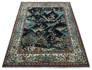 Animal Hunting Rug 8x10 and 9.3x12.4 Wool Black, Rust and Ivory Hand knotted Area Rug, Old style Rug