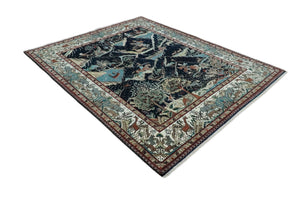 Animal Hunting Rug 8x10 and 9.3x12.4 Wool Black, Rust and Ivory Hand knotted Area Rug, Old style Rug
