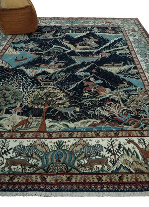 Animal Hunting Rug 8x10 and 9.3x12.4 Wool Black, Rust and Ivory Hand knotted Area Rug, Old style Rug