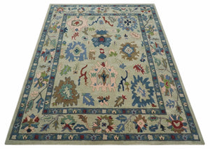 Hand Tufted Beige And Blue Traditional Oushak Custom Made wool Area Rug