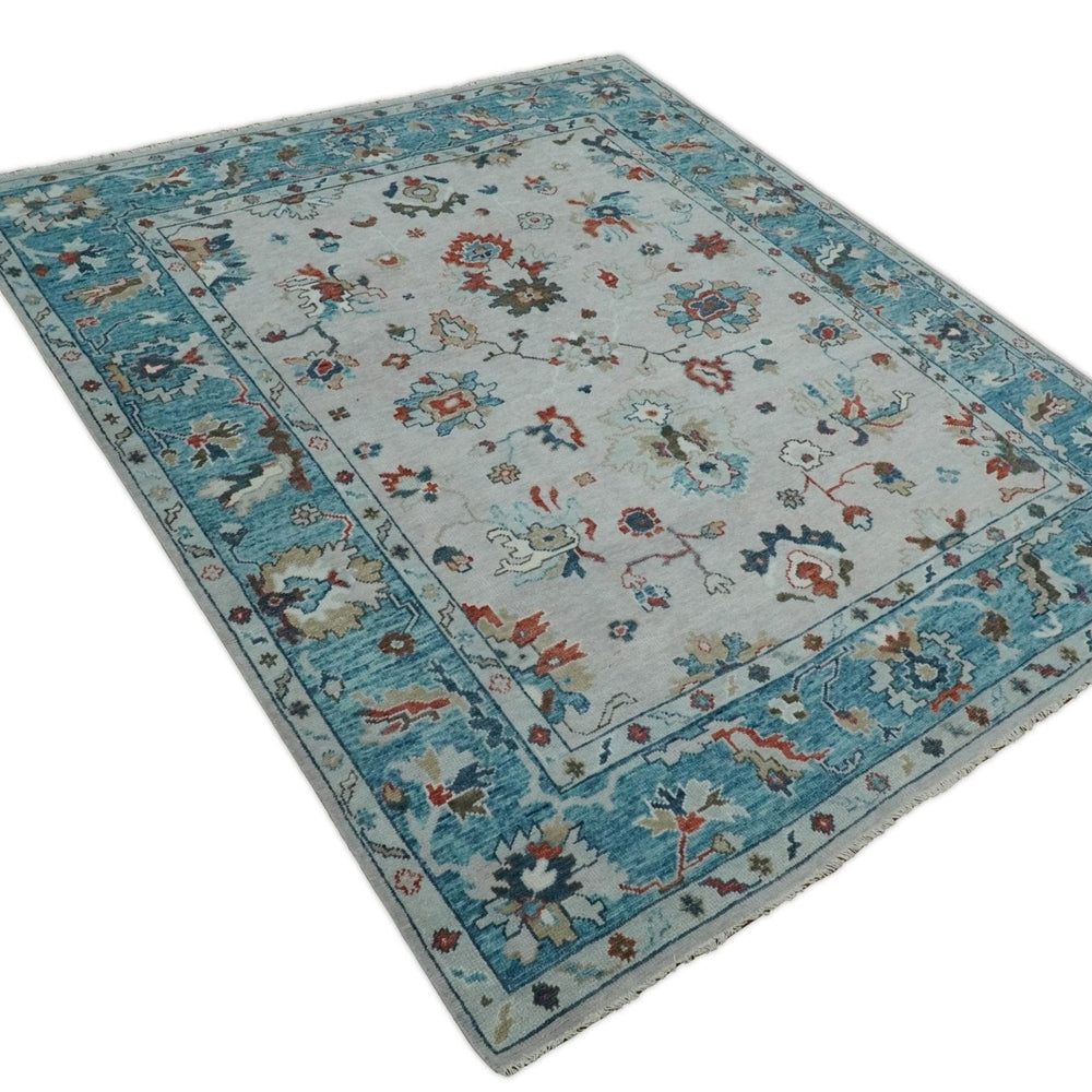 Ivory and Blue Hand knotted Traditional Oushak wool Area Rug