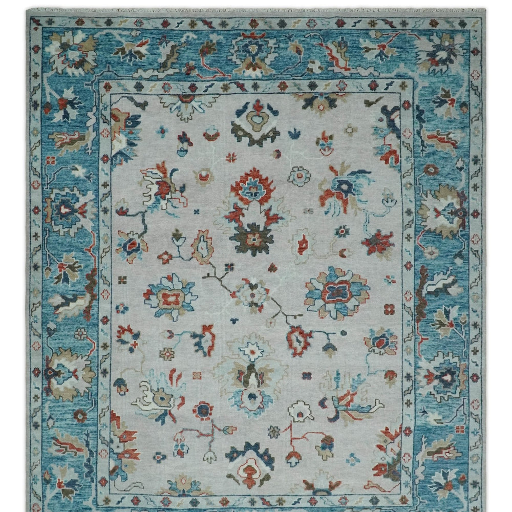 Ivory and Blue Hand knotted Traditional Oushak wool Area Rug