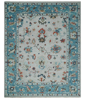 Ivory and Blue Hand knotted Traditional Oushak wool Area Rug