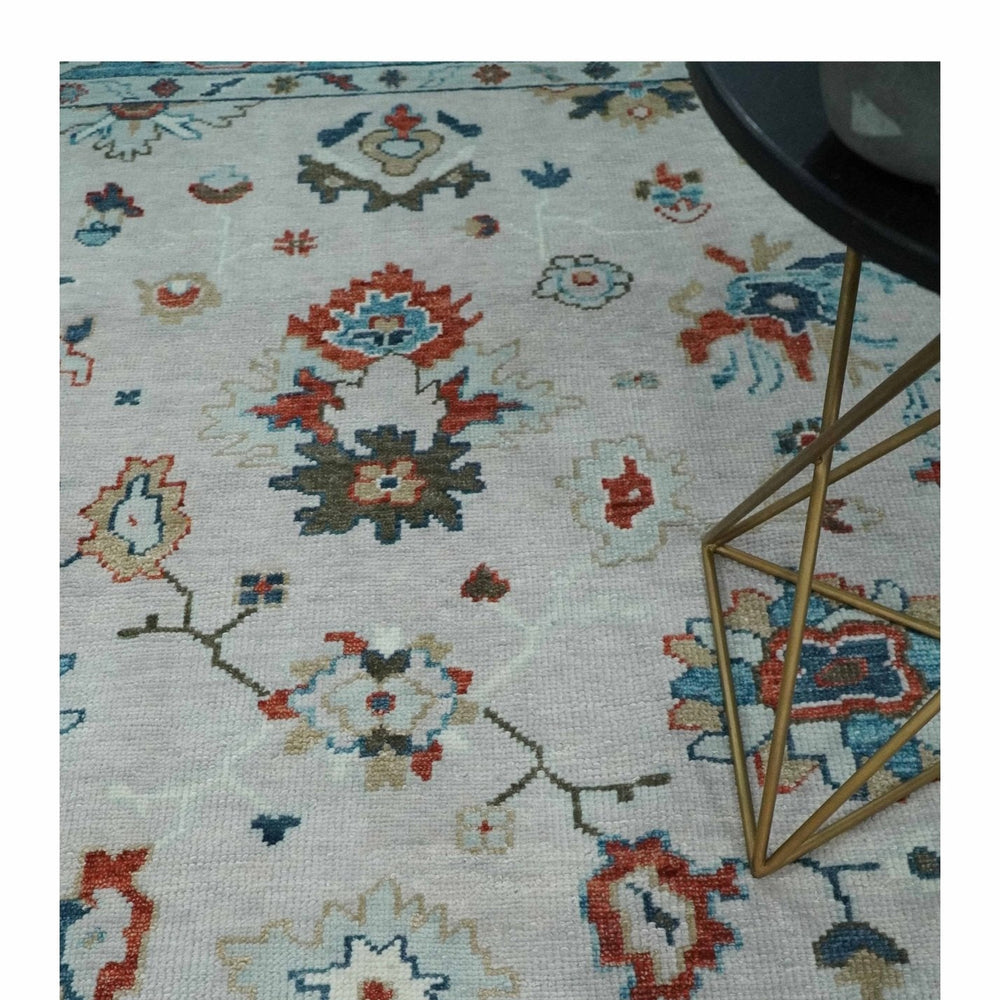 Ivory and Blue Hand knotted Traditional Oushak wool Area Rug