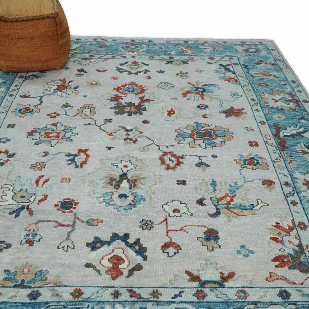 Ivory and Blue Hand knotted Traditional Oushak wool Area Rug