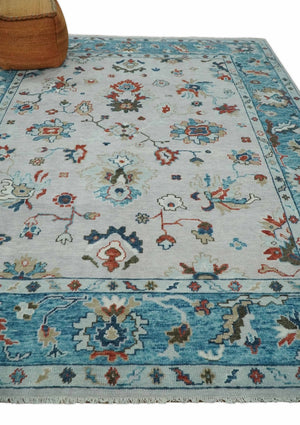 Ivory and Blue Hand knotted Traditional Oushak wool Area Rug