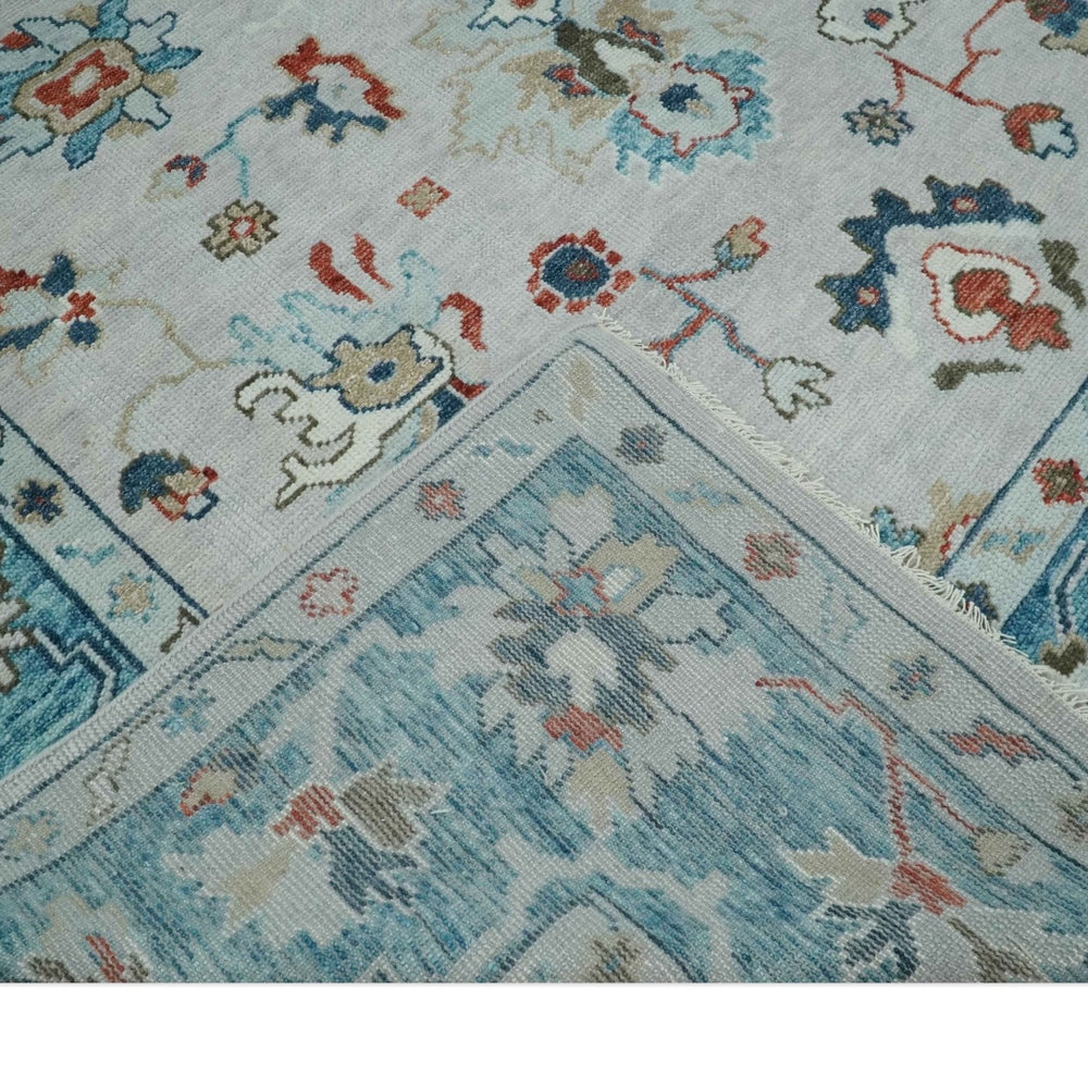 Ivory and Blue Hand knotted Traditional Oushak wool Area Rug