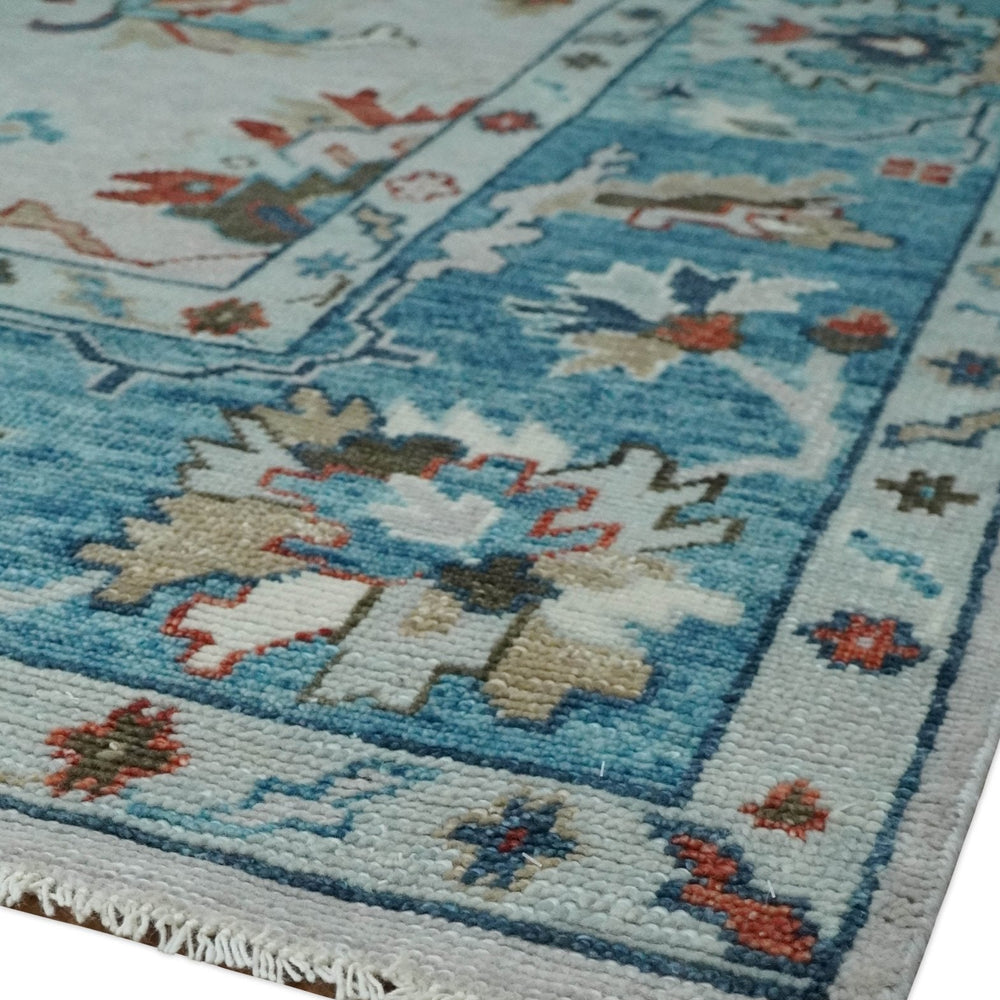 Ivory and Blue Hand knotted Traditional Oushak wool Area Rug