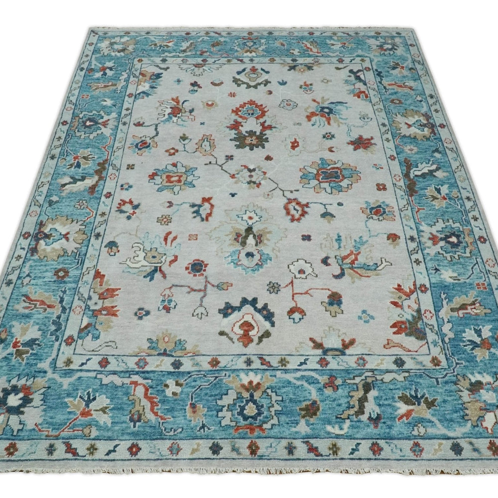 Ivory and Blue Hand knotted Traditional Oushak wool Area Rug