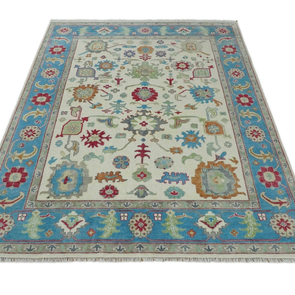 Antique Style Oushak 8x10 Wool Ivory and Blue Vibrant Colorful Hand knotted Area Rug
