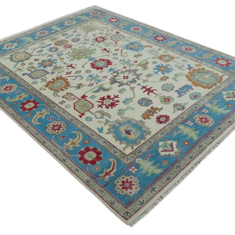 Antique Style Oushak 8x10 Wool Ivory and Blue Vibrant Colorful Hand knotted Area Rug