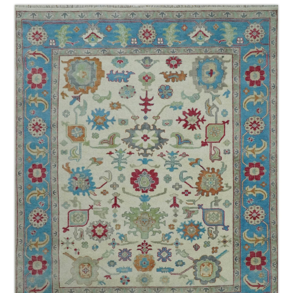 Antique Style Oushak 8x10 Wool Ivory and Blue Vibrant Colorful Hand knotted Area Rug