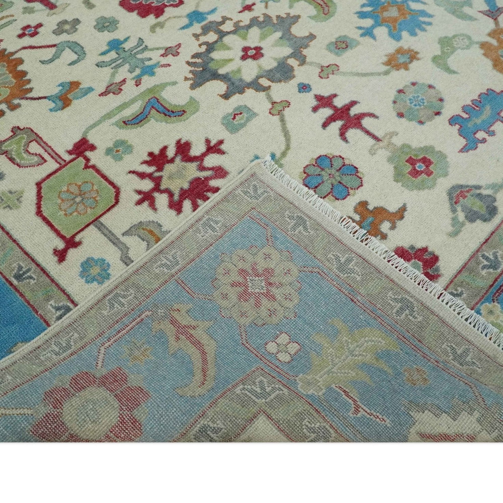 Antique Style Oushak 8x10 Wool Ivory and Blue Vibrant Colorful Hand knotted Area Rug