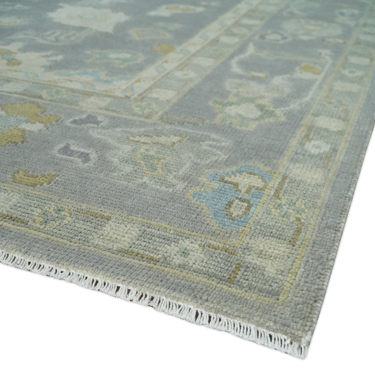Antique Silver Hand Knotted Oushak Wool Area Rug