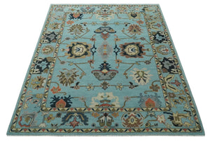 Antique Style Aqua Multi Size Hand Knotted Colorful Traditional Oushak Wool Area Rug