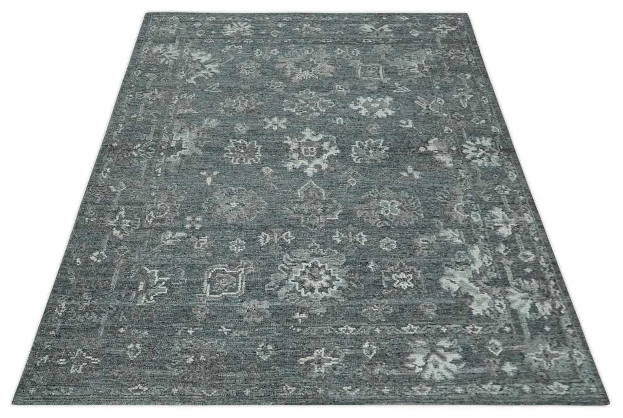 Antique Style Charcoal and Ivory 8x10 hand knotted Oushak wool Area rug