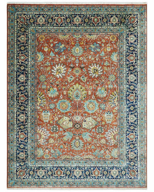 Antique  Style Fine Rust, Blue and Aqua 8x10 Hand Knotted Traditional Serapi wool rug