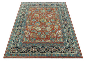 Antique  Style Fine Rust, Blue and Aqua 8x10 Hand Knotted Traditional Serapi wool rug