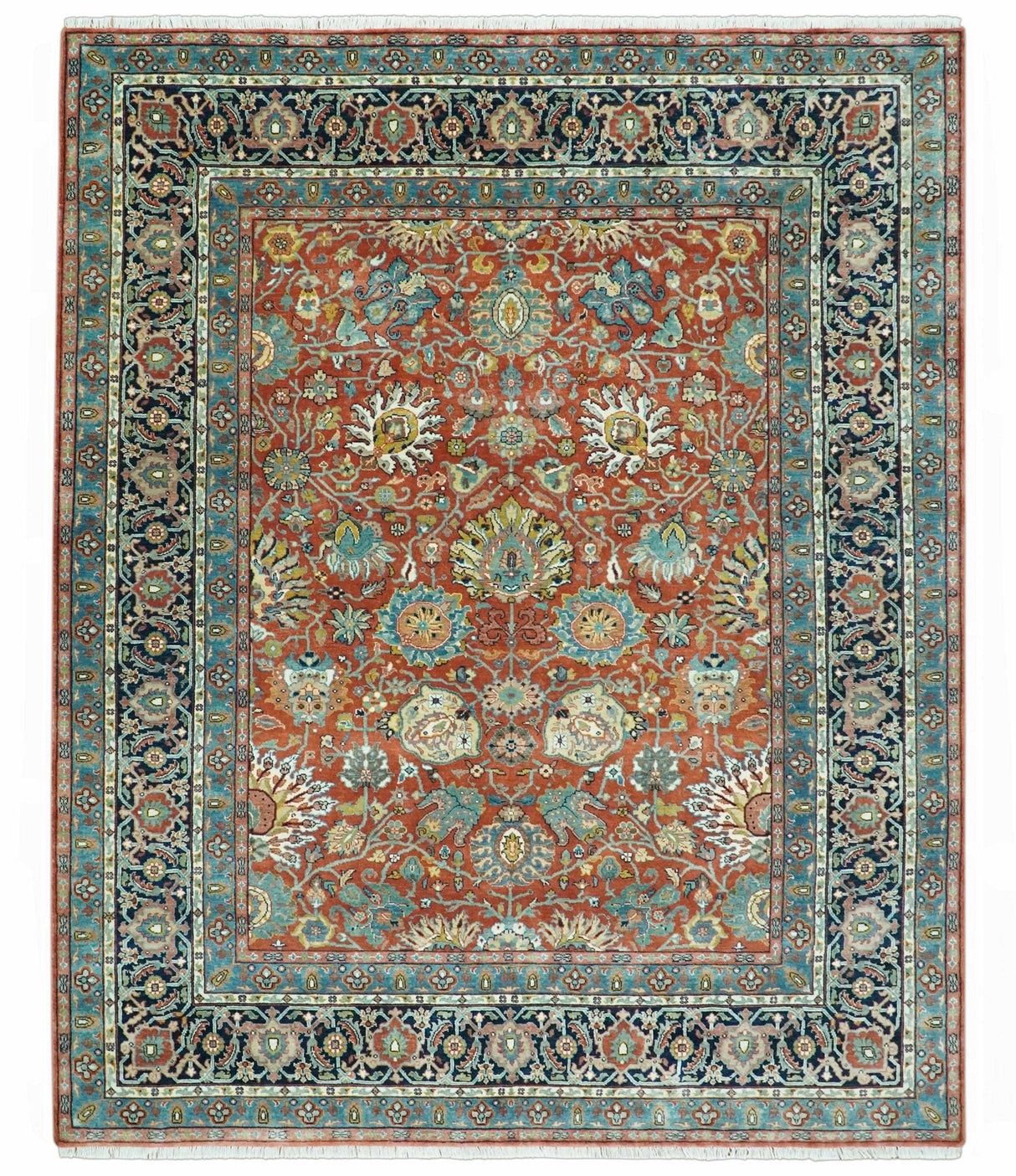 Antique  Style Fine Rust, Blue and Aqua 8x10 Hand Knotted Traditional Serapi wool rug