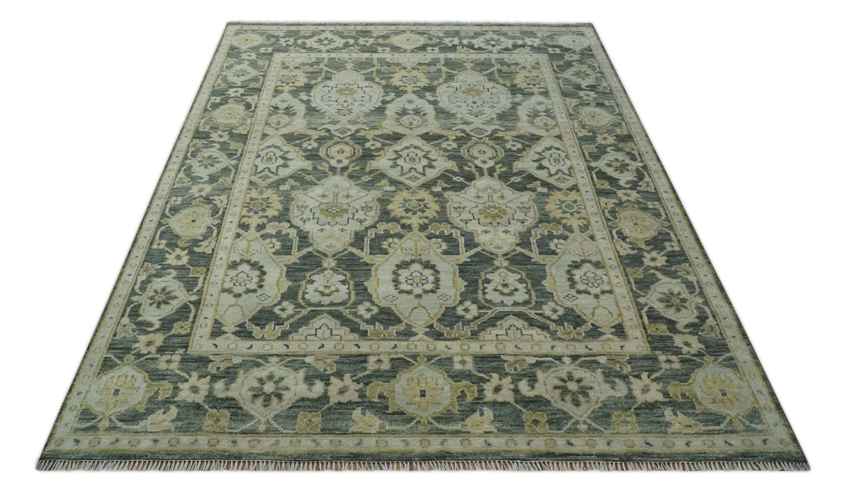 Antique style Gray, Ivory and Olive Hand knotted Traditional Oushak 9x12 wool Area Rug