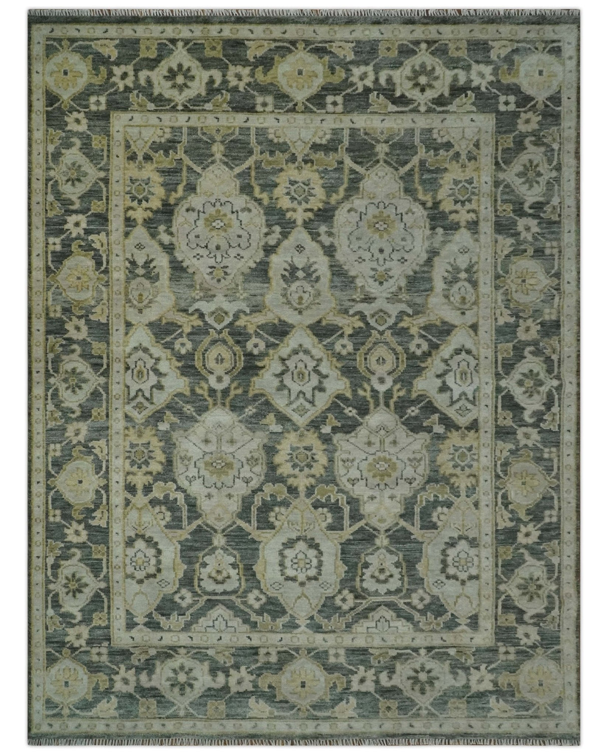 Antique style Gray, Ivory and Olive Hand knotted Traditional Oushak 9x12 wool Area Rug