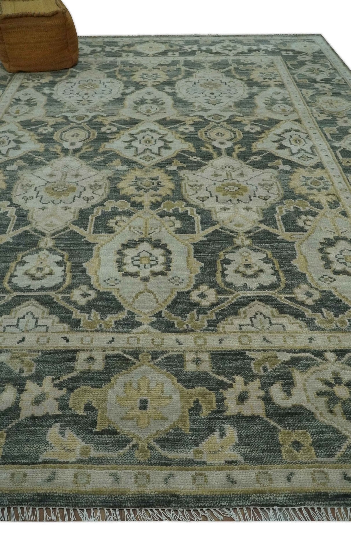 Antique style Gray, Ivory and Olive Hand knotted Traditional Oushak 9x12 wool Area Rug