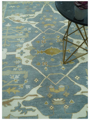 Antique Style Grayish Blue and Ivory Hand Knotted Custom Made Wool Rug