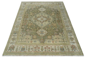 Antique Style Green, Ivory and Beige Hand knotted 9x12 wool Area Rug