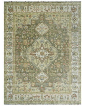 Antique Style Green, Ivory and Beige Hand knotted 9x12 wool Area Rug