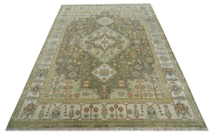 Antique Style Green, Ivory and Beige Hand knotted 9x12 wool Area Rug