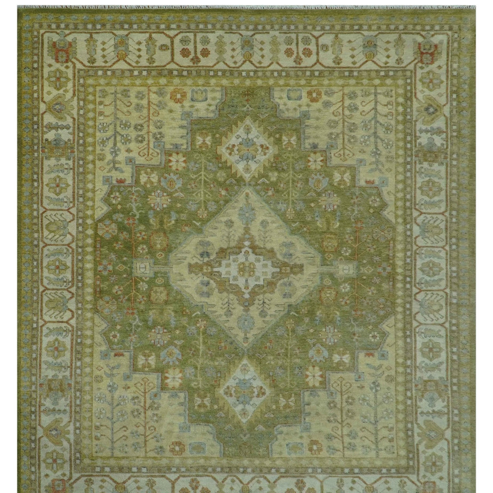 Antique Style Green, Ivory and Beige Hand knotted Heriz Serapi Multi Size wool Area Rug