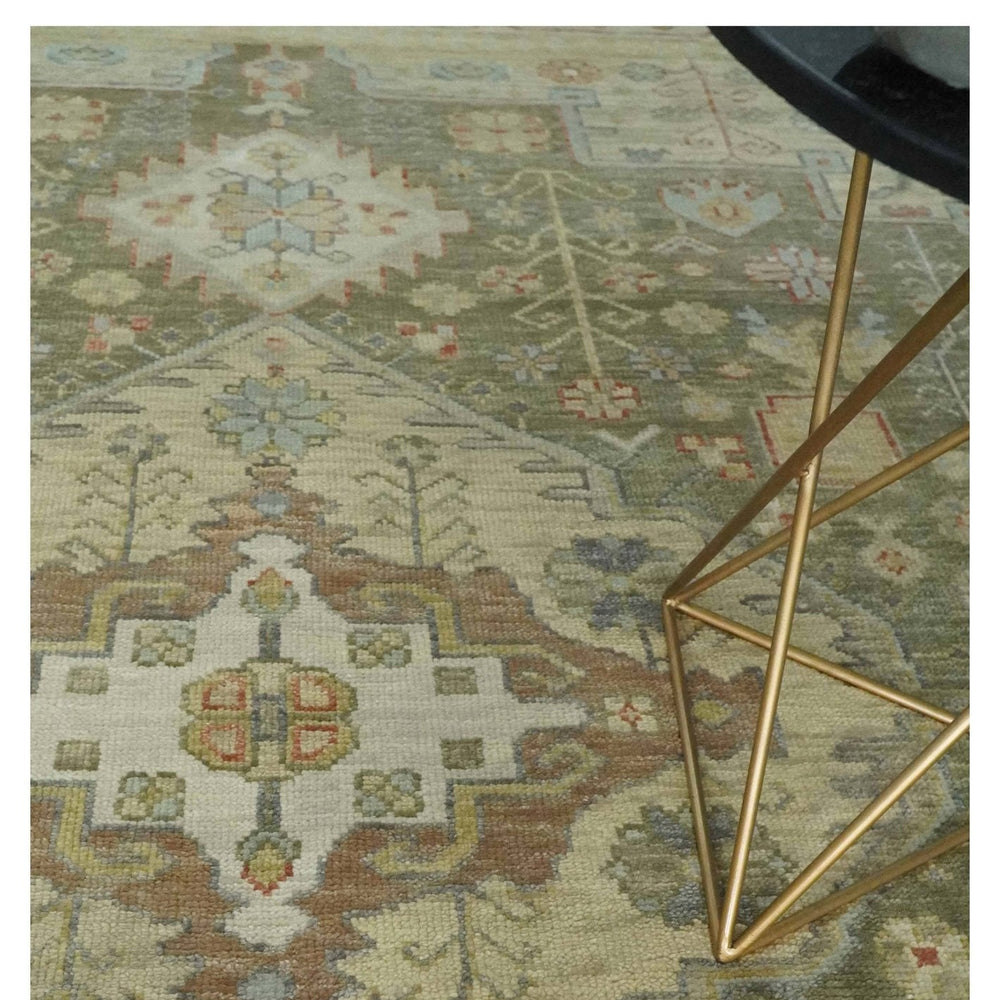 Antique Style Green, Ivory and Beige Hand knotted Heriz Serapi Multi Size wool Area Rug