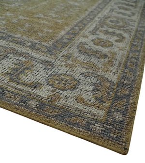 Antique Style Hand Knotted 8x10 Olive, Silver and Charcoal Traditional Low Pile Wool Area Rug